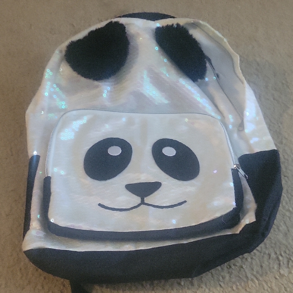 Kids Panda Sequin Backpack - White & Black
